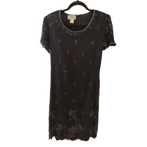 Blue Beaded Dress Silk Formal Gown JMD Blue Floral Size S Vtg  Scalloped Flapper